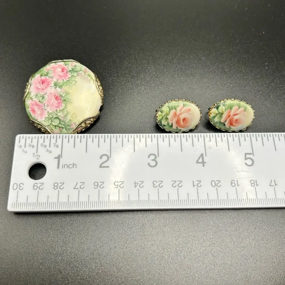 Vintage Victorian Hand painted porcelain brooch and earrings #647 Roses